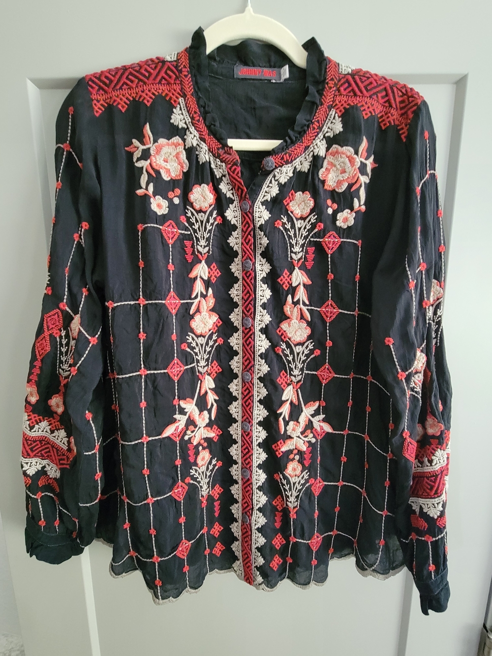Johnny Was Tinsley Black Grid Embroidered Blouse Small